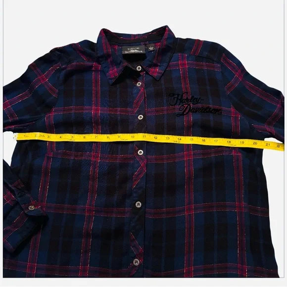 Harley-Davidson Lurex Plaid Flannel Shirt Blue/Red Roses Size Large EUC - Picture 9 of 15